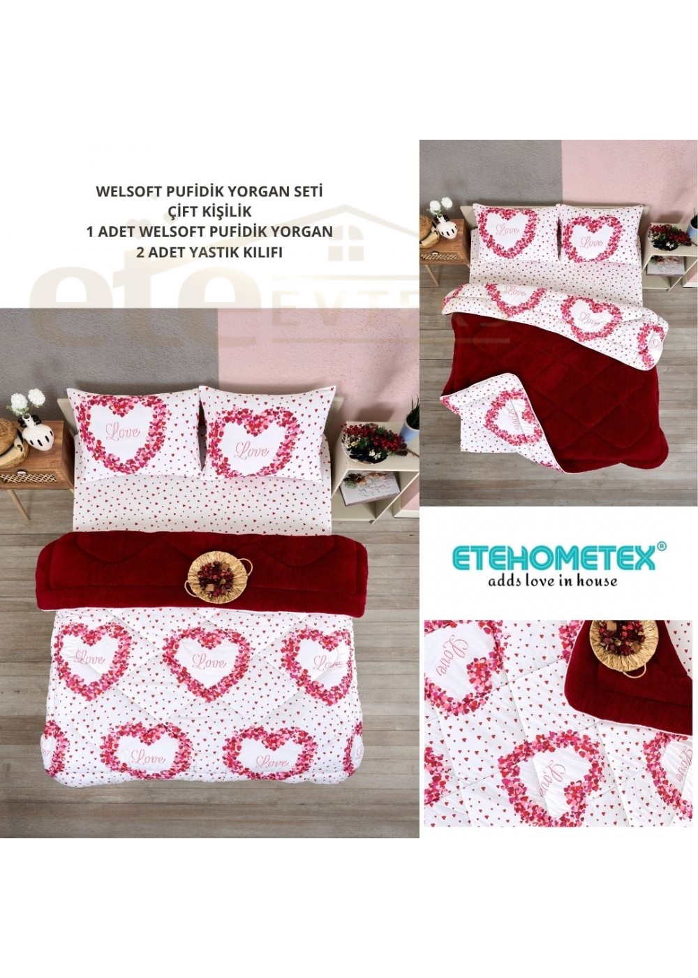ETE HOMETEX ÇİFT KİŞİLİK LÜX WELSOFT YORGAN SETİ 195X215CM LOVE BORDO 8696474231946